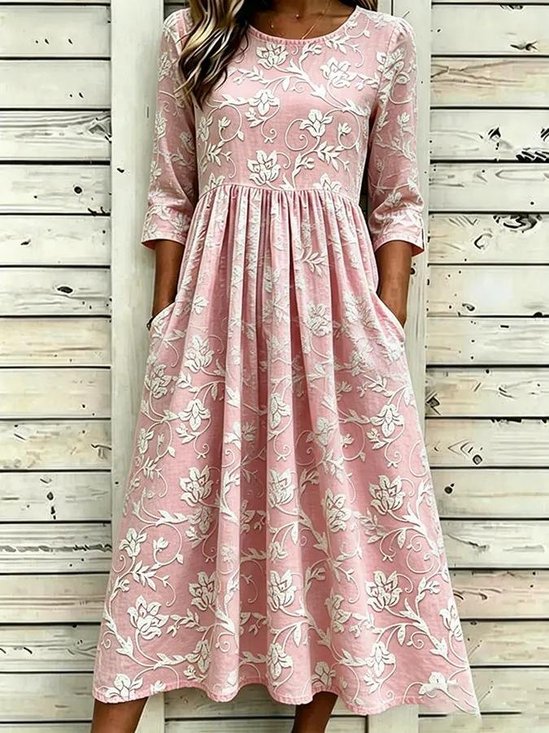 Women Floral Summer Dress Crew Neck Half Sleeve T-Shirt Dress A-Line Dress