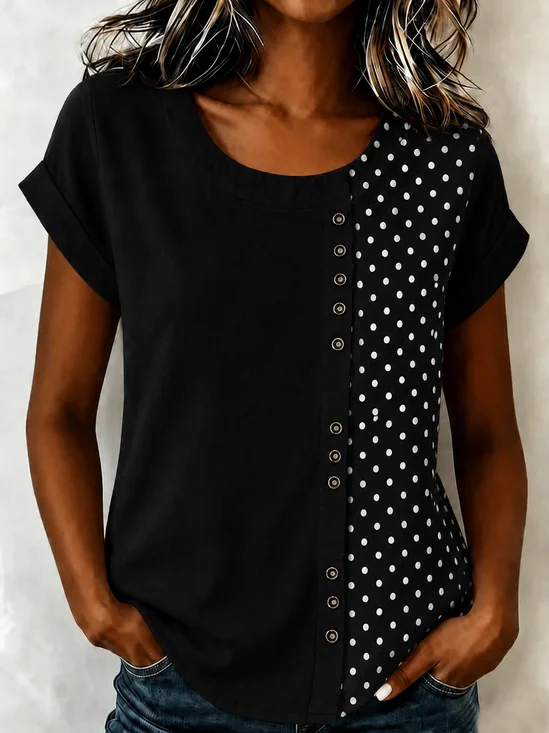 Crew Neck Short Sleeve Polka Dots Regular Loose Blouse For Women