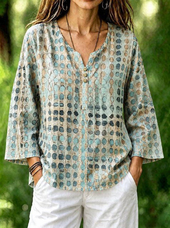 Crew Neck Long Sleeve Abstract Polka Dots Regular Micro-Elasticity Loose Blouse For Women