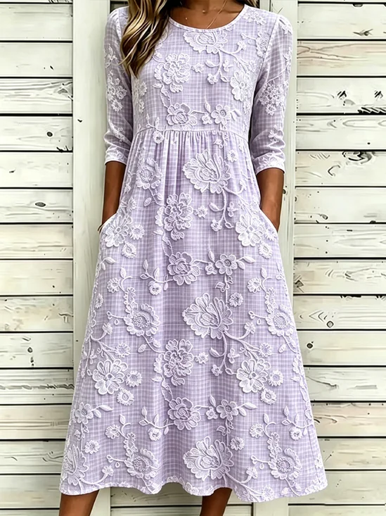 Women Floral Summer Dress Crew Neck Half Sleeve T-Shirt Dress A-Line Dress