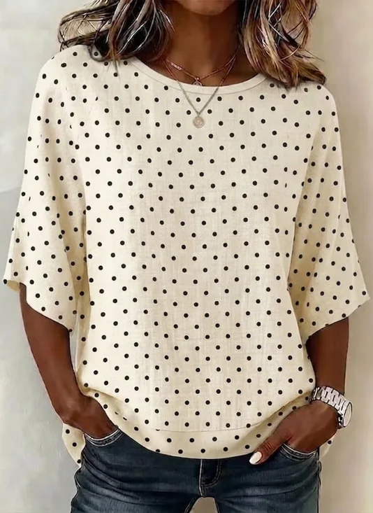 Crew Neck Half Sleeve Polka Dots Regular Micro-Elasticity Regular Fit Blouse For Women