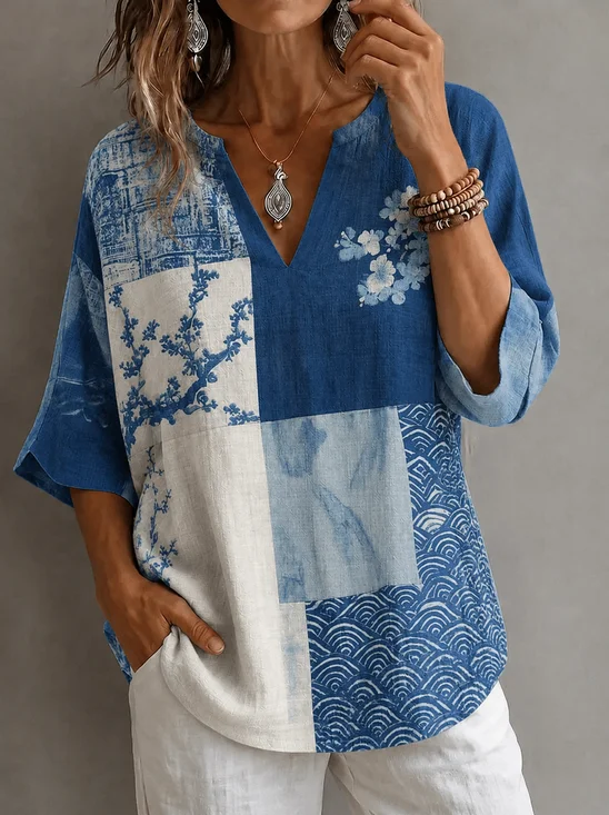 Half Open Collar Half Sleeve Geometric Regular Micro-Elasticity Loose Blouse For Women