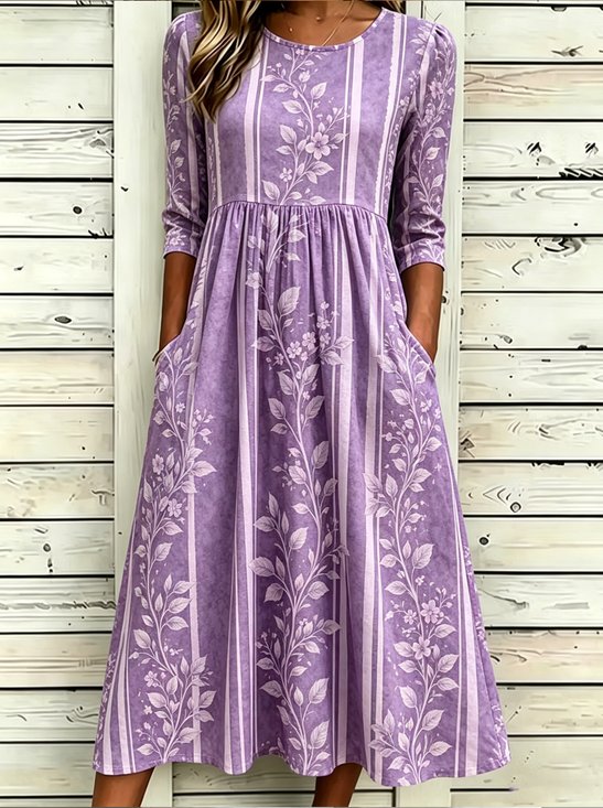 Women Floral Summer Dress Crew Neck Half Sleeve T-Shirt Dress A-Line Dress