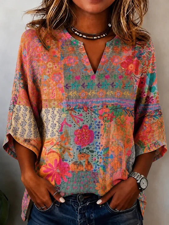 Half Open Collar Half Sleeve Floral Regular Micro-Elasticity Loose Blouse For Women