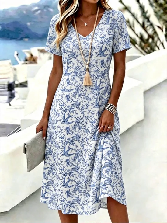 Women Floral Summer Dress V Neck Short Sleeve T-Shirt Dress A-Line Dress