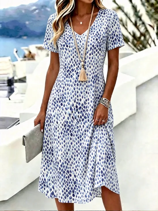 Women Floral Summer Dress V Neck Short Sleeve T-Shirt Dress A-Line Dress