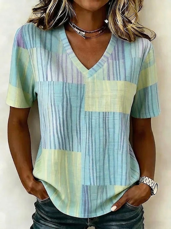 Vintage Abstract Stripes V Neck Short Sleeve T-shirt