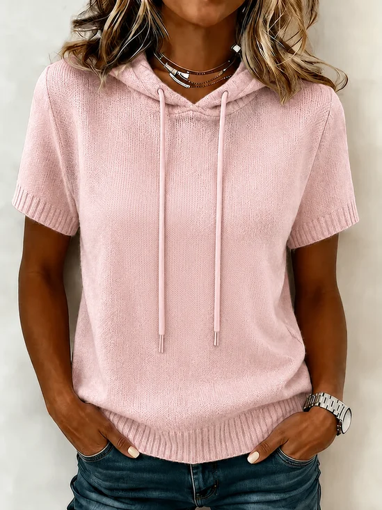 Casual Plain Hoodie Short Sleeve T-shirt