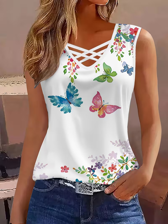 Casual V Neck Floral Tank Top Printing