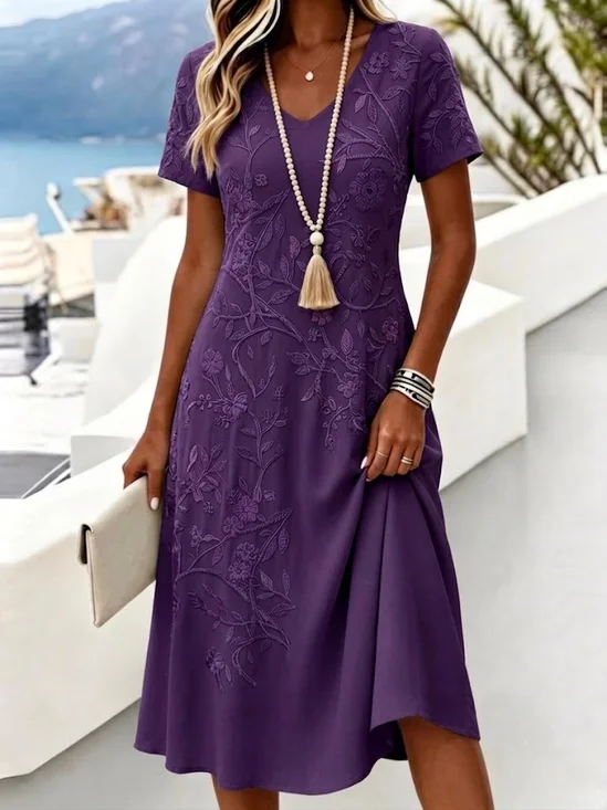 Women Floral Summer Dress V Neck Short Sleeve A-Line Dress