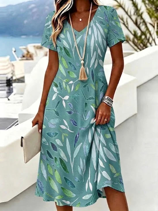 Women Leaf Summer Dress V Neck Short Sleeve A-Line Dress