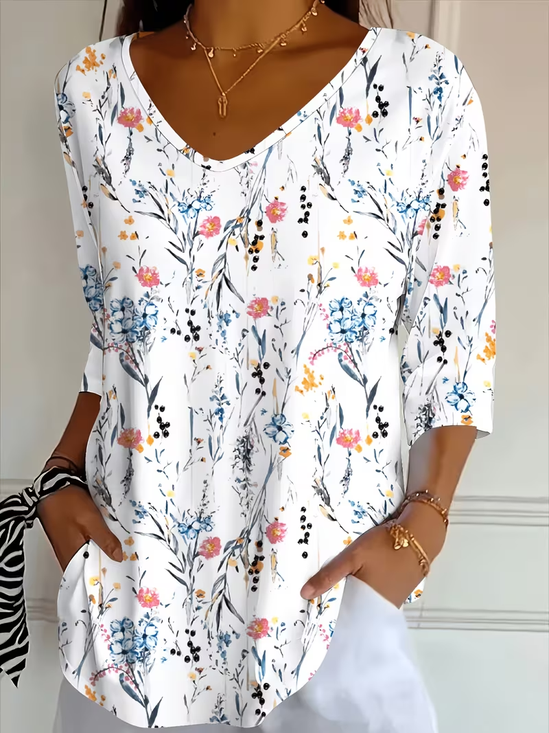 Casual Floral V Neck Three Quarter Sleeve T-shirt