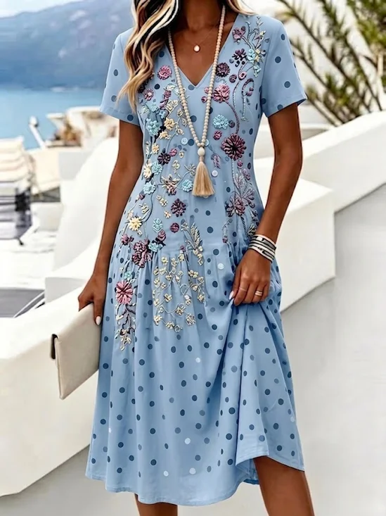 Women Polka Dots Summer Dress V Neck Short Sleeve A-Line Dress