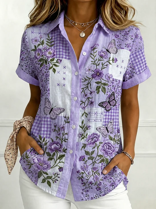 Shirt Collar Short Sleeve Floral Printing Regular Regular Fit Shirt For Women