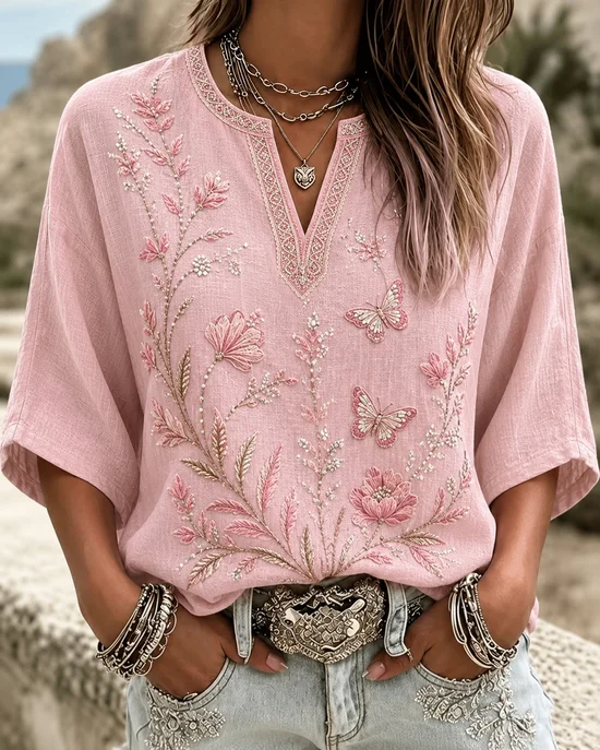 Half Open Collar Half Sleeve Floral Regular Micro-Elasticity Loose Blouse For Women