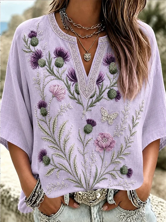Half Open Collar Half Sleeve Floral Regular Micro-Elasticity Loose Blouse For Women