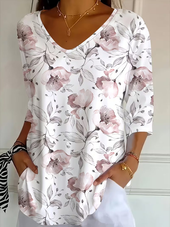 Casual Floral V Neck Three Quarter Sleeve T-shirt