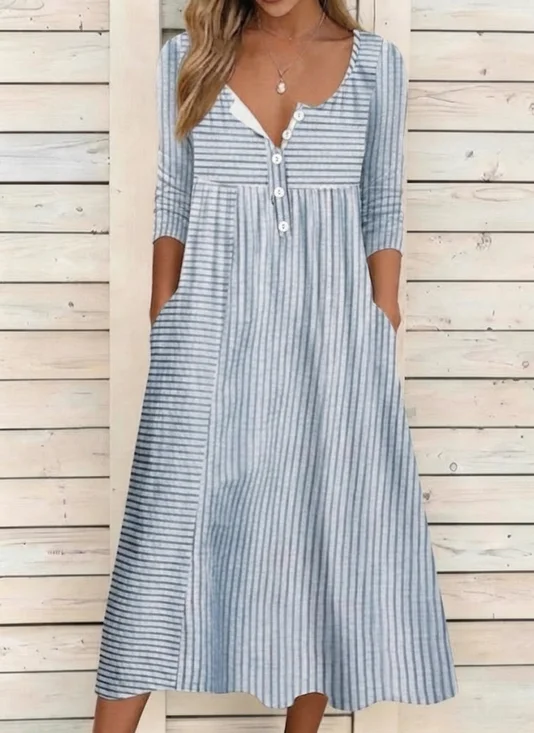 Women Striped Summer Dress Half Open Collar Half Sleeve A-Line Dress