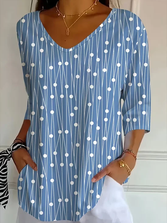 Casual Abstract V Neck Three Quarter Sleeve T-shirt