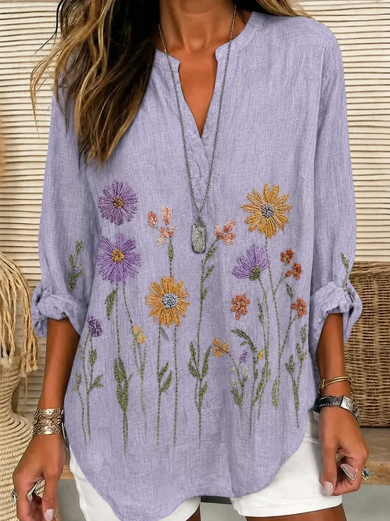 V Neck Long Sleeve Floral Printing Regular Loose Shirt For Women