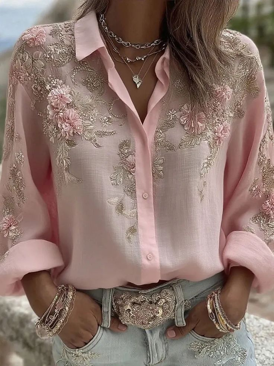 Women's Elegant Floral Print Long Sleeve Shirt Romantic Vintage Blouse