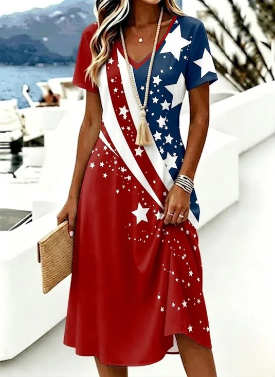 Women America Flag Summer Dress V Neck Short Sleeve A-Line Dress