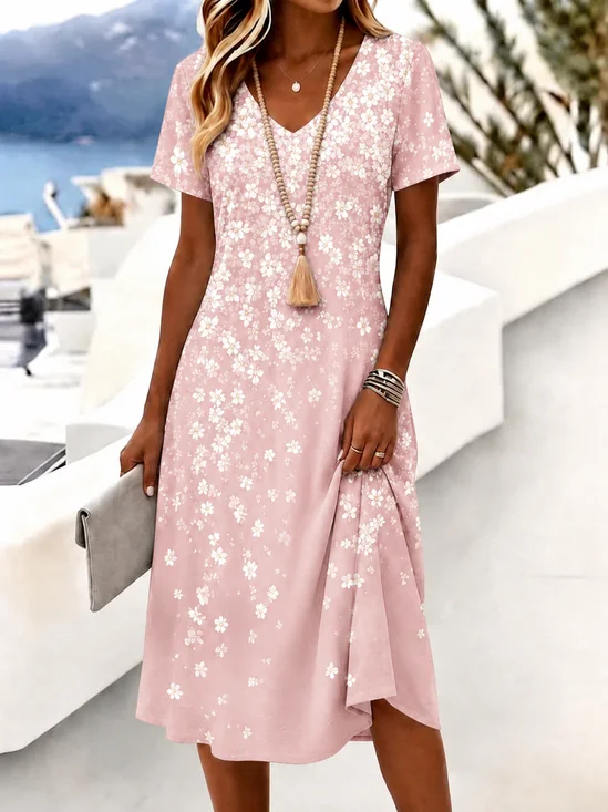Women Floral Summer Dress V Neck Short Sleeve T-Shirt Dress A-Line Dress