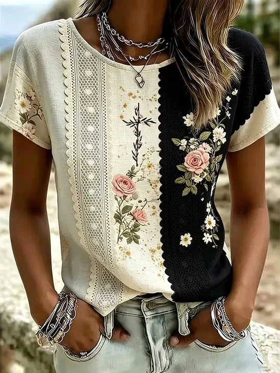 Casual Floral Crew Neck Short Sleeve T-shirt