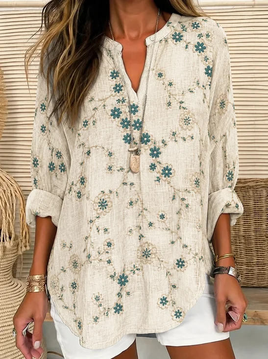 V Neck Long Sleeve Floral Printing Regular Loose Shirt For Women