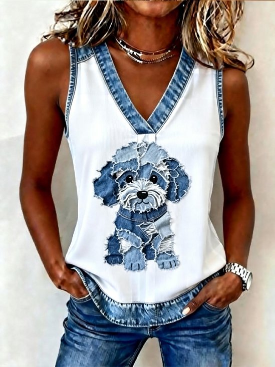 Casual V Neck Animal Tank Top