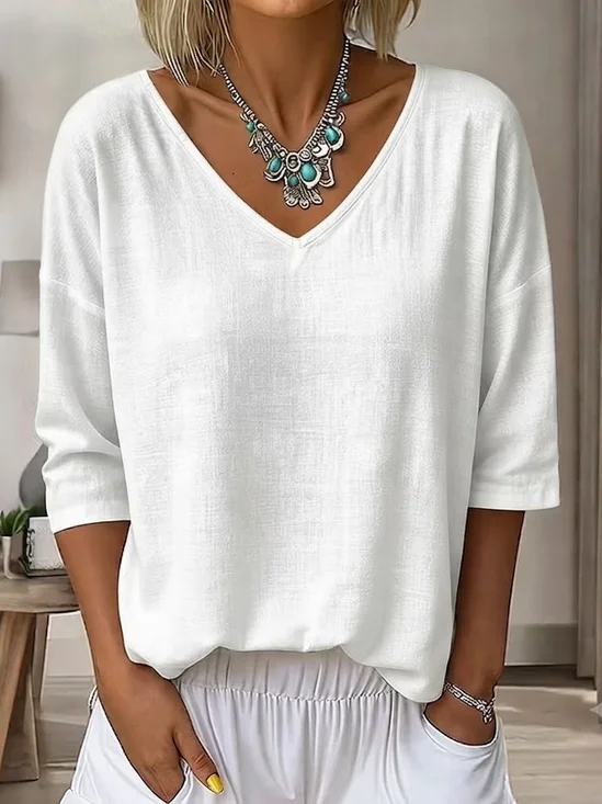 Casual Plain V Neck Three Quarter Sleeve T-shirt