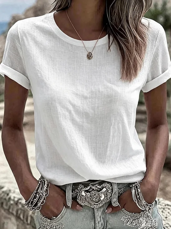 Casual Plain Crew Neck Short Sleeve T-shirt