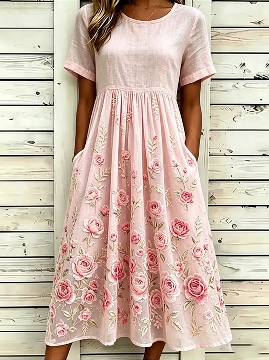 Women Floral Summer Dress Crew Neck Half Sleeve T-Shirt Dress A-Line Dress