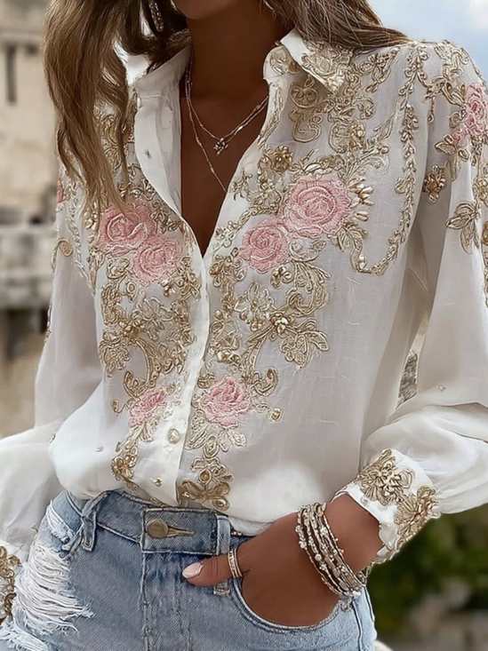 Shirt Collar Long Sleeve Floral Regular Micro-Elasticity Regular Fit Shirt For Women