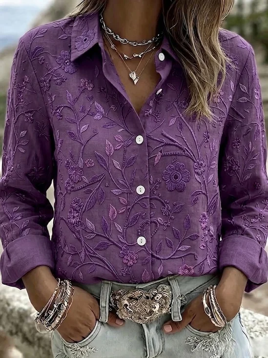 Shirt Collar Long Sleeve Floral Regular Micro-Elasticity Loose Shirt For Women