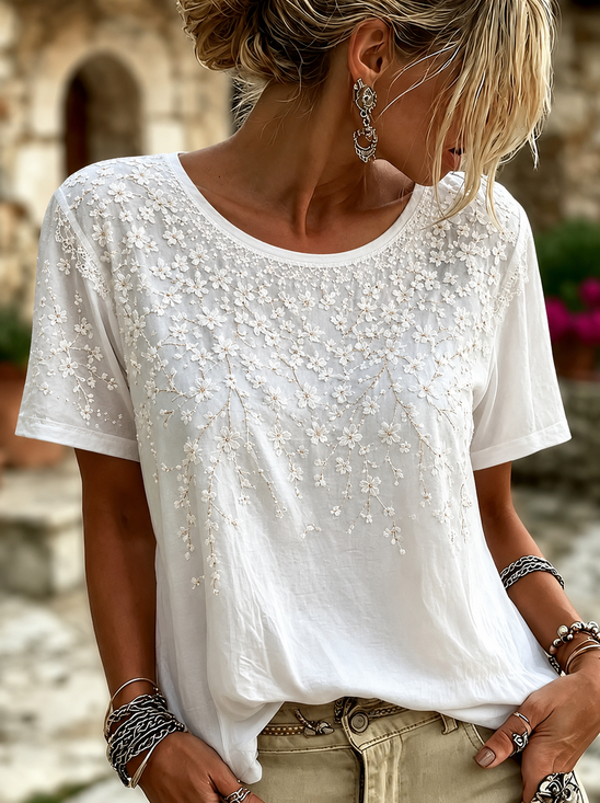 Casual Floral Crew Neck Short Sleeve T-shirt