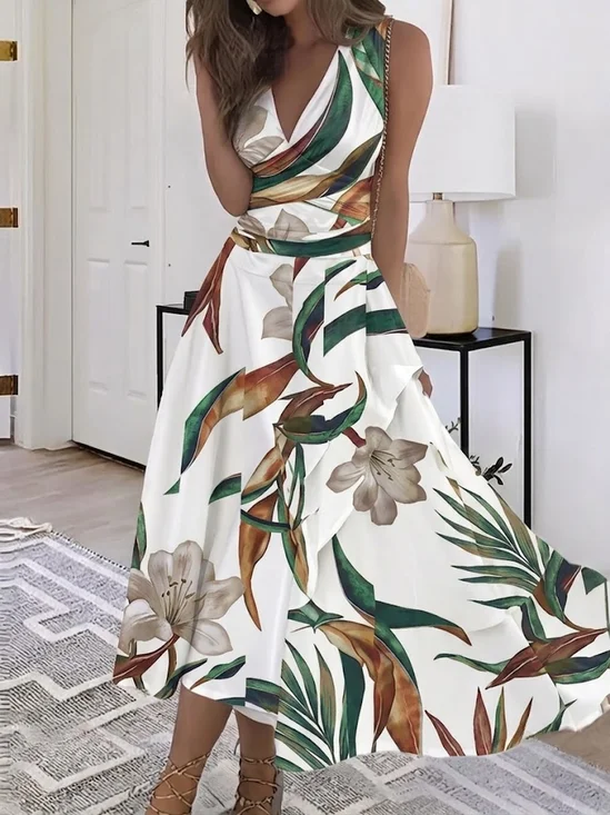 Women Floral Summer Dress V Neck Sleeveless A-Line Dress