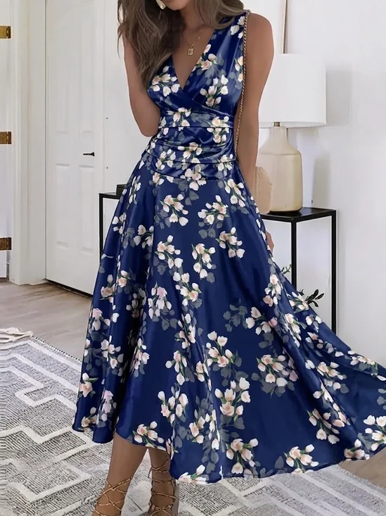 Women Floral Summer Dress V Neck Sleeveless A-Line Dress