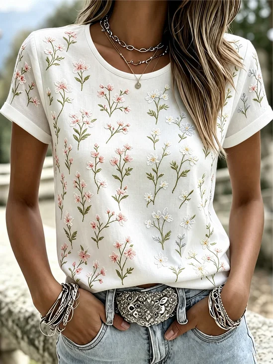 Casual 3D Floral Printing Crew Neck Short Sleeve T-shirt