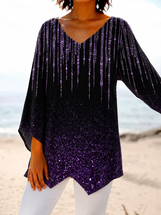 V Neck Long Sleeve Starry Sky Regular Loose Blouse For Women
