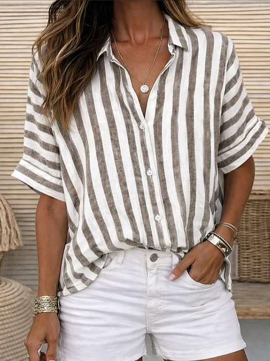 Shirt Collar Short Sleeve Striped Printing Regular Micro-Elasticity Loose Button Up Shirt Shirt For Women