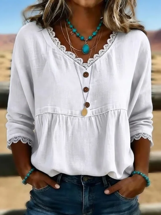 V Neck Half Sleeve Plain Lace Edge Regular Micro-Elasticity Regular Fit Blouse For Women