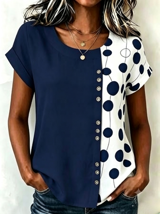 Crew Neck Short Sleeve Polka Dots Regular Loose Blouse For Women
