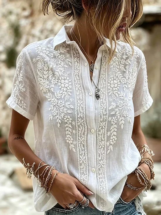 Shirt Collar Short Sleeve Floral Printing Regular Micro-Elasticity Loose Button Up Shirt Shirt For Women