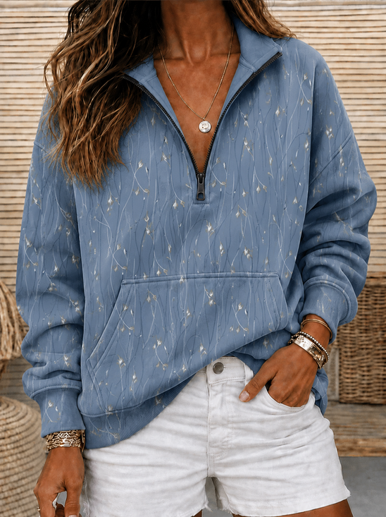Casual Half Open Collar Floral Sweatshirt