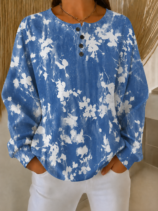 Casual Henley Collar Random Print Sweatshirt