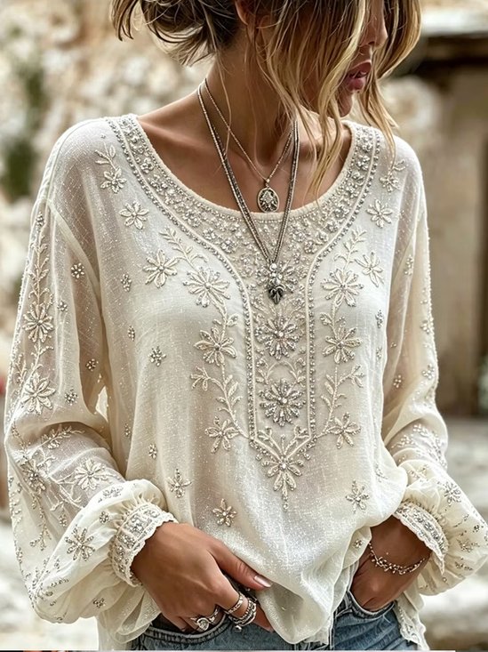 Crew Neck Long Sleeve Floral Printing Lightweight Micro-Elasticity Loose Blouse For Women