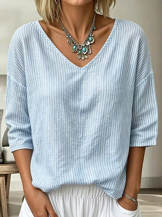 Casual Striped V Neck Three Quarter Sleeve T-shirt