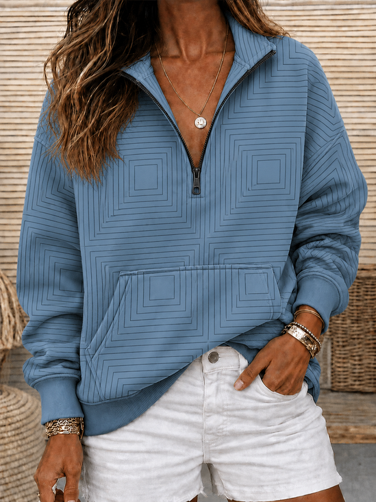 Casual Half Open Collar Plain Sweatshirt
