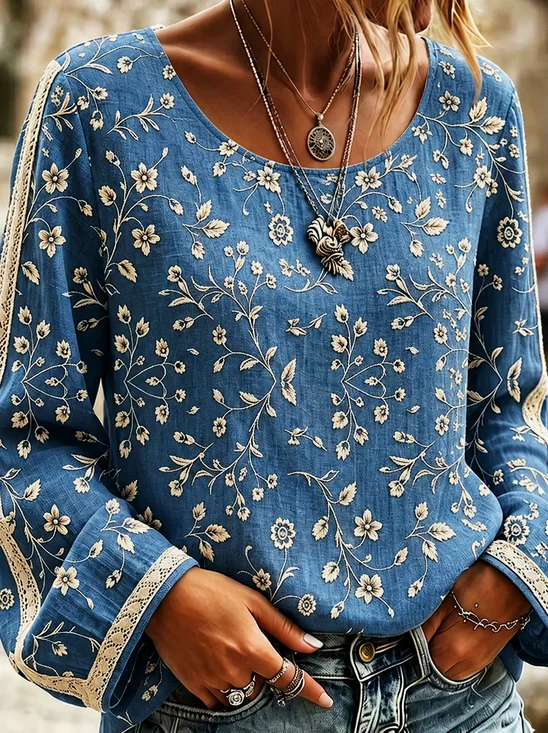 Crew Neck Long Sleeve Floral Printing Lightweight Micro-Elasticity Loose Blouse For Women
